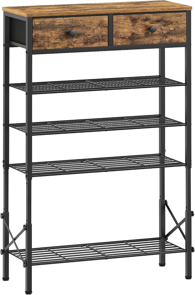 5 Tier Shoe Rack with Adjustable Height (37.4”-44.5”), Shoe Storage Shelf with 2 Non-Woven Drawers, Wooden Shoe Organizer for Entryway, Cloakroom, Rustic Brown and Black SS11BR