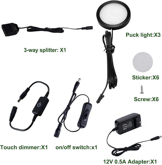 AIBOO Under Cabinet LED Black Cover Puck Lighting Kit with Touch Dimmer Switch for Kitchen Cupboard Closet Lighting (3 Lights,Warm White)