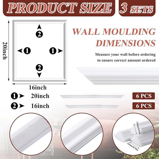 3 Set Accent Wall Molding Kit Premade Wainscoting Panels Wall Molding Peel and Stick Panel White Pre Cut Trim for Walls Picture Frame Molding for Home Decoration(16 x 20 Inch)