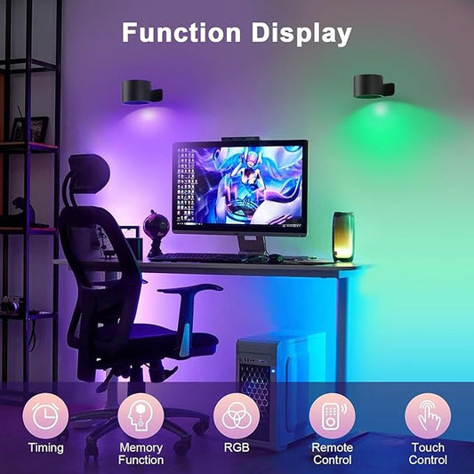 Lightess Rechargeable Wall Lights with Remote, 5000mAh Battery Operated Wall Sconce Set of 2, 19 Colors Dimmable Wall Mount Light, 360° Rotation Cordless Wall Lamps for Bedroom Bedside Hallway, Black