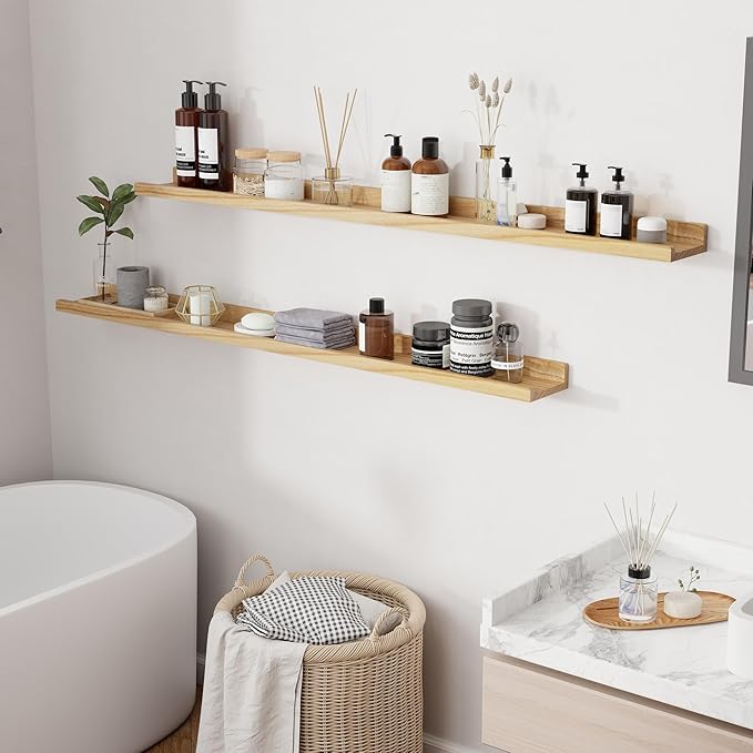 RICHFOCUS Floating Shelves for Wall, 55 inch Solid Wood Picture Ledge Shelf for Wall Storage, Nursery Book Shelves with Lip for Living Room Bathroom Bedroom Kitchen, Set of 2, Natural