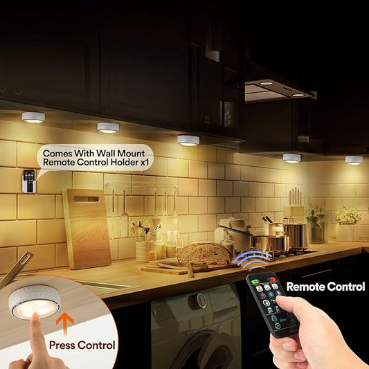 Puck Lights with Remote Control, Battery Operated Wireless Under Cabinet Lighting, Stick on Tap Push Lights for Kitchen, Shelf, 6 Pack - White