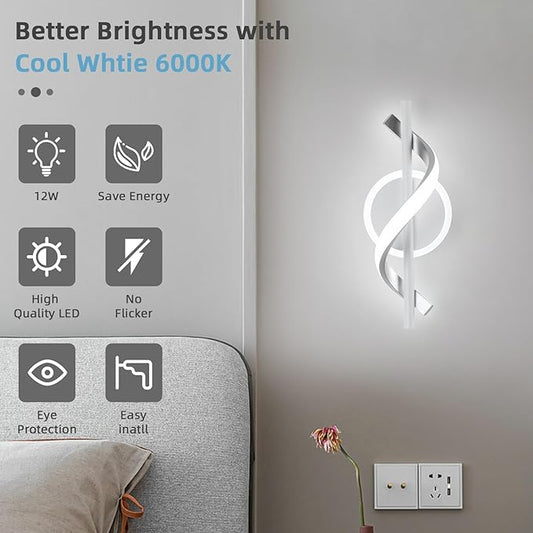LED Wall Sconces Indoor, 12W LED Wall Lights, Modern Spiral Wall Lamp, 6000K Cold White Wall Mount Light Fixture for Stairs Living Room Bedroom Aisle Hallway (Cool White, White)