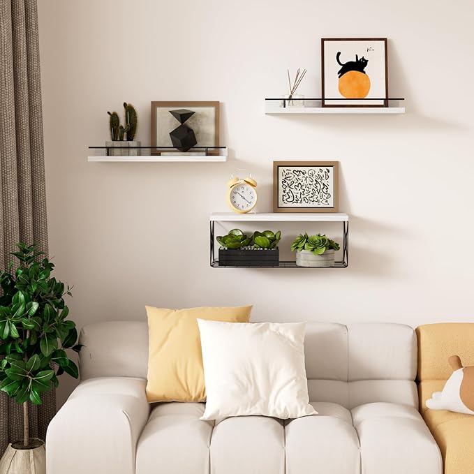 Floating Shelves for Wall, Floating Shelf for Wall Décor Set of 3, Bathroom Floating Shelves with Metal Toilet Paper Holder for Bathroom, Bedroom, Living Room, Kitchen, Office (White)