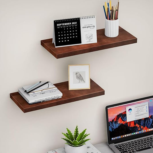 Floating Shelves (Set of 2) – Wall Mounted Shelves for Home Décor and Storage, Natural Pine Wood, Suitable for Living Room and Bedroom (Brown, 15.7" x 5.7" x 1.0")
