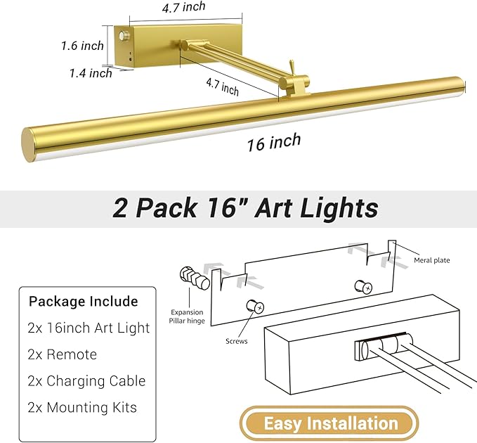 Mocalido 2 Pack Gold Picture Light Battery Operated for Wall 16in, 6 Colors Wireless LED Art Light for Painting with Remote, 5200mAh Dimmable Frame Lights for Gallery Library