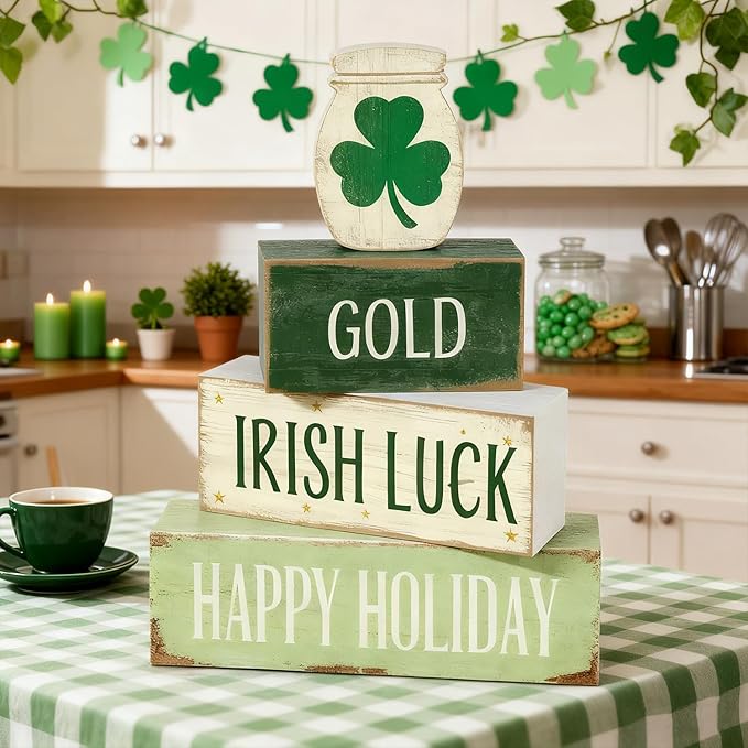 St. Patrick’s Day Decorations - St Patrick Day Irish Luck Tiered Tray Decor Set - Wooden Shamrock Tabletop Decoration - Rustic Farmhouse Holiday Home Decor for Indoor Shelf Mantel Coffee Table Gift