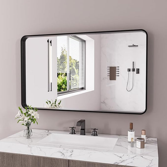 Black Bathroom Mirror 50X30 Inch, Black Metal Framed Mirror for Wall, Rounded Rectangle Matte Bathroom Vanity Mirror with Tempered Glass, Anti-Rust, Horizontal/Vertical