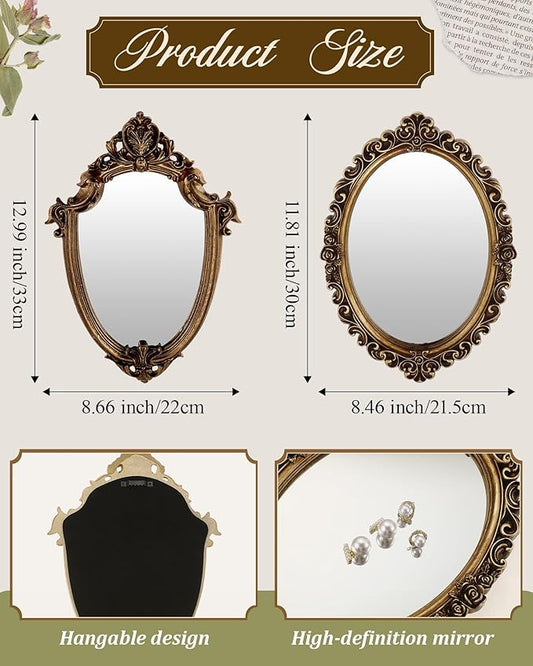 3 Styles Vintage Gold Mirror Set Wall Decorative, Vintage Wall Mirror Antique Hanging and Tabletop with Stand for Living Room Bedroom Dresser, Classic Home Wedding Decor(Classic Style)
