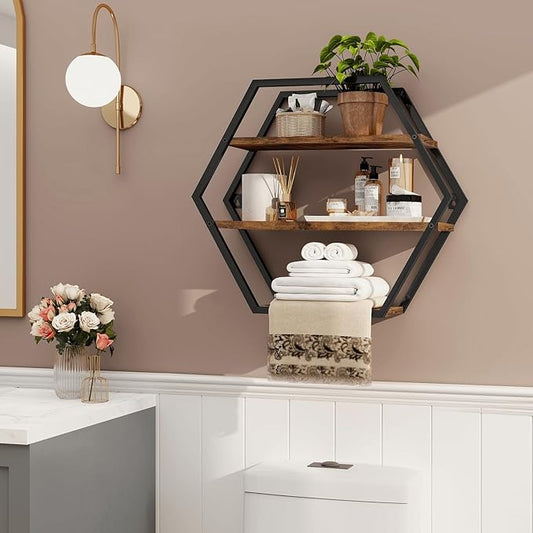 Hexagon Shelves for Wall, Hexagon Floating Shelves, Decorative Geometric Shelf for Wall Decor, Farmhouse Style Shelves for Bathroom Living Room, Rustic Brown Black