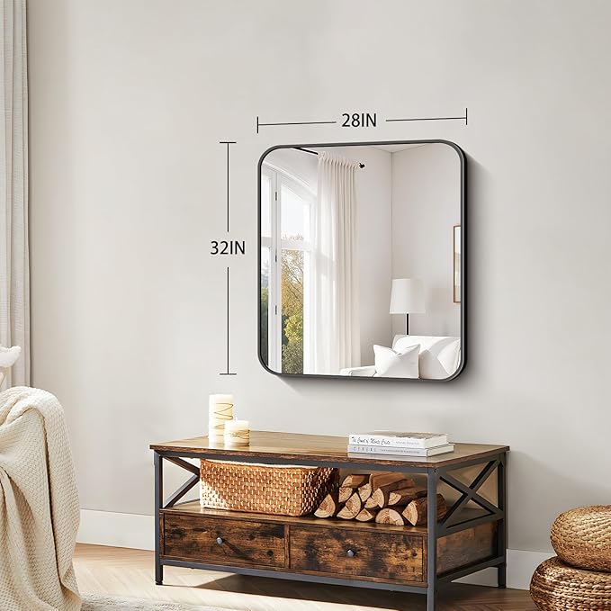 Koonmi Black Framed Bathroom Mirror - 28x32 Inch Shatterproof Tempered Glass Vanity Mirror for Bathroom Sink, Wall Mounted with Matte Aluminum Alloy Frame, No Distortion, Modern Decor