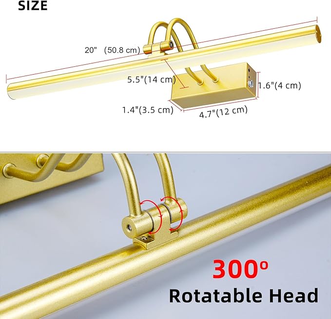 Picture Light,Picture Lights for Wall Cordless,20" Picture Lights with Timer and Dimmable,Battery Wall Lights for Display Gallery Painting Art Frame Portrait-Gold