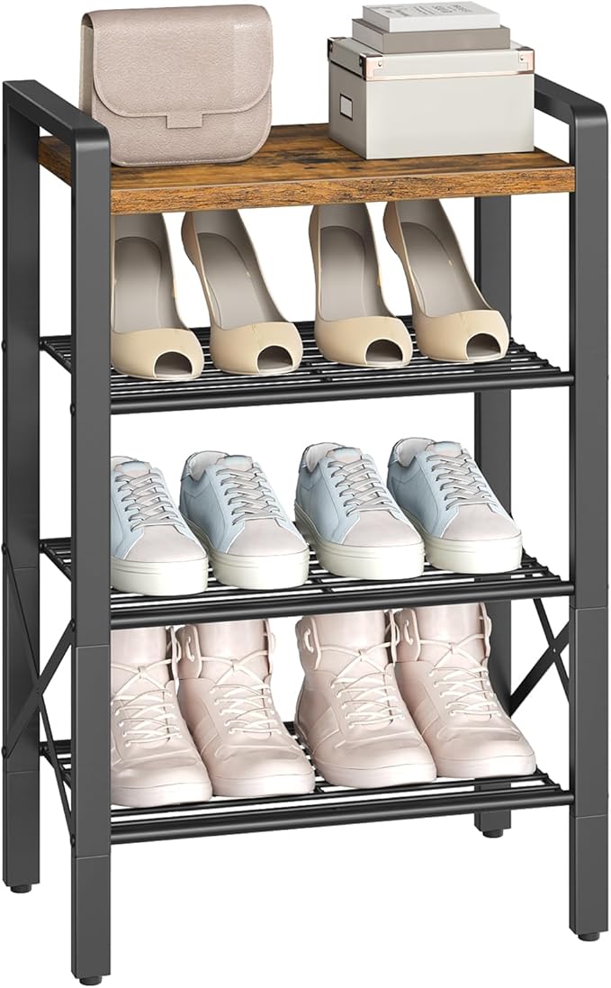 4-Tier Narrow Shoe Rack, Tall Shoe Rack for 4-8 Pairs, Slim Shoe Storage Organizer with Wooden Top, Space Saving, Metal Frame, for Entryway, Rustic Brown and Black SS64BR