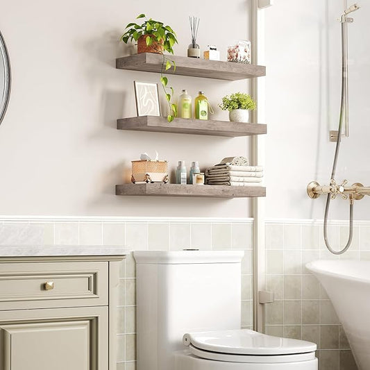 Floating Shelves for Wall, 1.5" Thick Wall Shelf Set of 3 with Invisible Brackets, 23.6L x 7.9W Hanging Book Shelves Farmhouse Home Decor for Bathroom, Living Room, Bedroom, Greige 6301BJP3BG