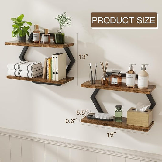 Floating Shelf- Floating Shelf for Wall Set of 2, 2 Tier Shelves for Wall for Bathroom, Bedroom, Toilet, Kitchen, Living Room, Office, Rustic Brown