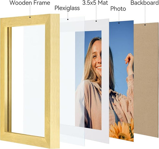 Vittanly 4x6 Picture Frames Set of 4, Display Pictures 3.5x5 with Mat or 4x6 without Mat, Small Photo Frames for Wall or Tabletop Display, Engineered Wood with Shatter Resistant Plexiglass, Gold