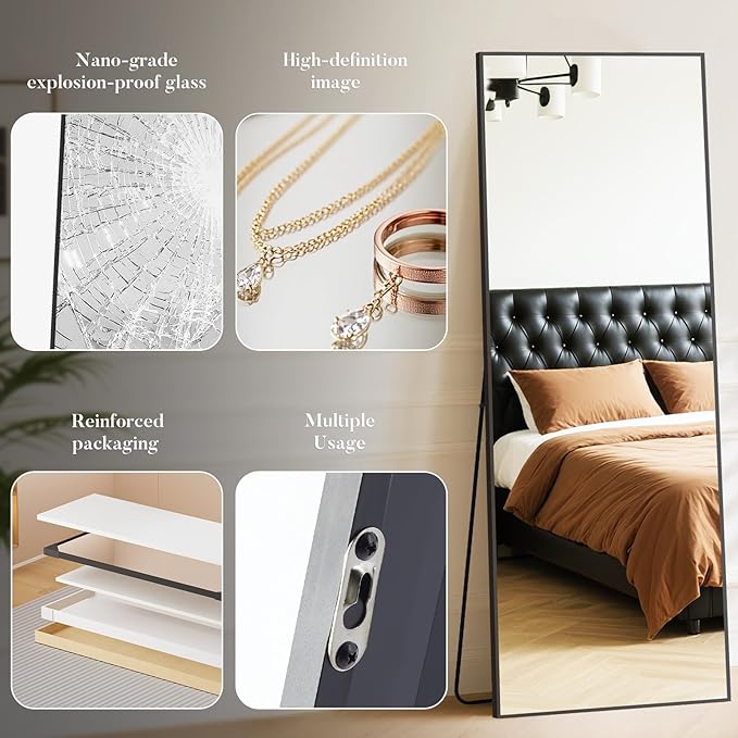 OLIXIS Full Length Mirror 59"x16.5" for Bedroom, Full Body Mirror with Stand, Hanging or Leaning for Wall, Aluminum Alloy Thin Frame Floor Standing for Living Room, Long, Black
