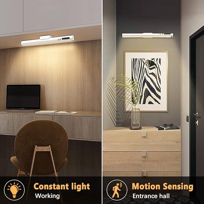 Hapfish Motion Sensor LED Light Bar Indoor, Rechargeable Under Cabinet Lighting Wireless, Magnetic Battery Powered Operated Wall Strip Lights with Remote Control for Desk Mirror Closet – White