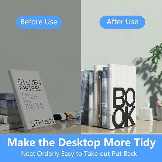 Book Ends - Decorative Metal Book Ends Supports for Bookrack Desk,Books, Unique Appearance Design,Heavy Duty (Black, 8 Pair)