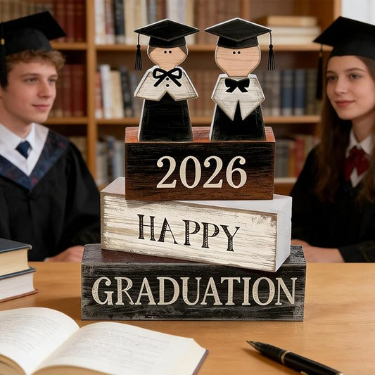2026 Graduation Table Decorations Class of 2026 Senior Tiered Tray Decor Wooden Block Signs Farmhouse Congrats Grad Tabletop Party Centerpiece for Tables Wooden Sign for Home Decor