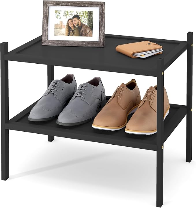Smiry Bamboo Small Shoe Rack, 2 Tier Shoe Organizer for Entryway & Closet, Stackable Free Standing Storage Shelf for Shoes, Bags & Plants, Black