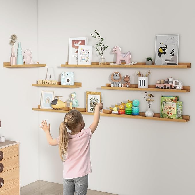 Picture Ledge Shelf, Floating Shelves Set of 2, 56 Inches Long Large Nursery Book Shelves for Toys Storage, Kids Bookshelf Wall Mounted for Living Room Bedroom Decor Books Photo Frames, Natural Oak