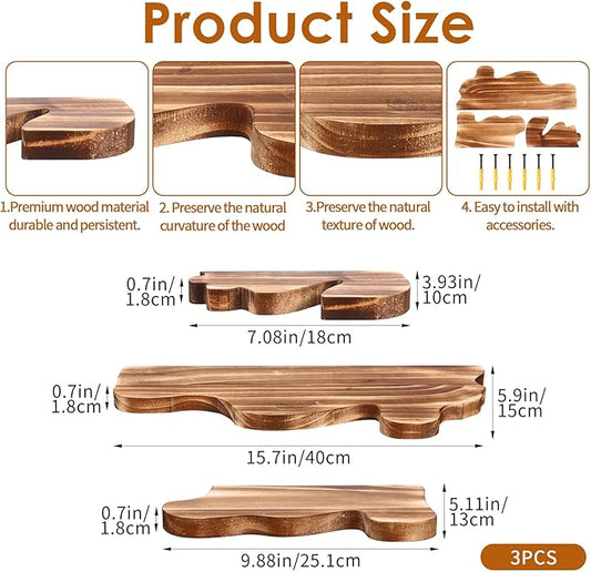 3 Sets Small Floating Shelves for Wall,3 Size Live Edge Wooden Shelf Cloud Farmhouse Vintage Wall Decor with Metal Bracket for Living Room Bedroom(Brown)