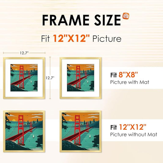 FIXSMITH 12x12 Picture Frame Gold Set of 4, Photo Frame with HD Plexiglass, Display Pictures 8x8 with Mat or 12x12 Without Mat, Natural Picture Frames Collage Wall Decor, Gallary Wall Frame