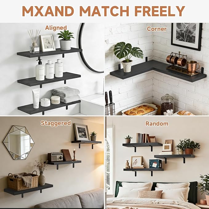 LifetimeWarranty Wall Shelves With Brackets,NOT Floating Easy Install 15.7Inch Solid Wood Shelf 3PCS,Ledge Storage Shelf for Bathroom Living Room Bedroom Kitchen,Wall Organizer for Book Home Decor