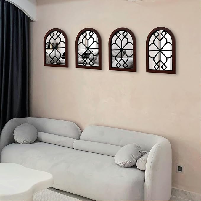 ZEXUIRU Set of 4 Arched Window Wall Mirror Rustic Farmhouse Accent Mirror Wood Framed Entry Wall Decoration for Living Room Bathroom Bedroom Kitchen