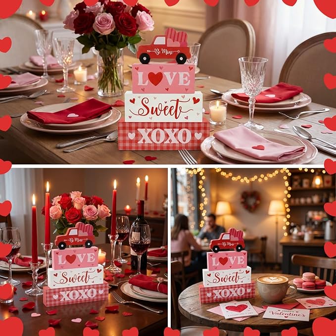Valentine’s Day Decorations, 4 Pcs Wooden Valentine’s Day Table Decorations, Red Truck Tiered Tray Decor, Wooden Table Sign for Desk Shelf Mantel Centerpiece, Indoor Home Decor