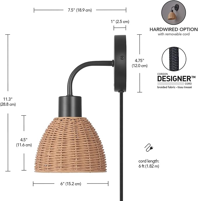 Globe Electric 65933 1-Light Plug-in or Hardwire Wall Sconce, Matte Black, Rattan Shade, 6ft Black Braided Fabric Designer Cord, in-Line On/Off Rocker Switch