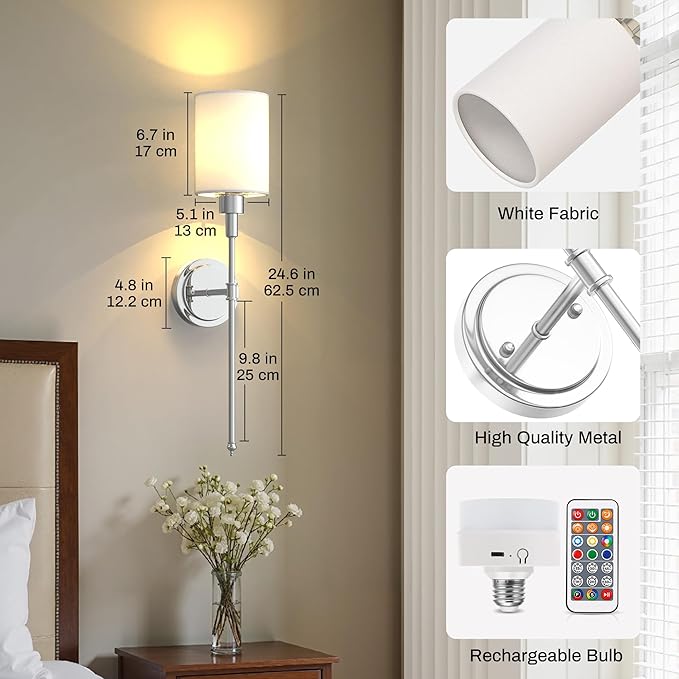 DORESshop Battery Operated Wall Sconce Set of 2, Wireless Wall Light Easy to Install, 7 Color Rechargeable Wall Sconces, Sconce Wall Decor Set of 2 for Bedroom, Living Room, Chrome, 24.3in