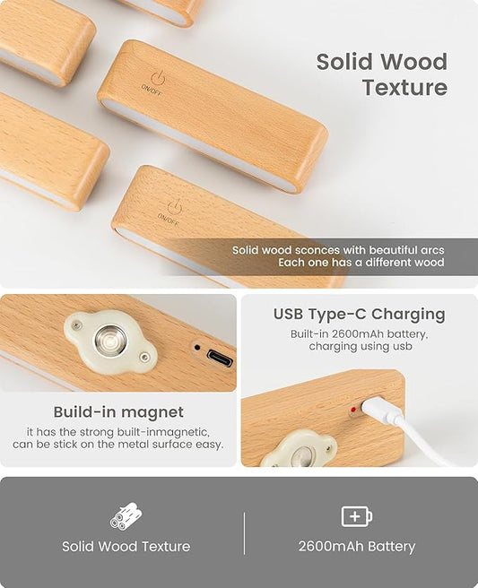 Wood Battery Operated Wall Sconce Set of 2, Magnetic Mini Wall Lights with 360° Rotation and Adjustable Brightness, Stick-On Mount for Bedside, Hallway, Living Room (2Pack Beech Wood)