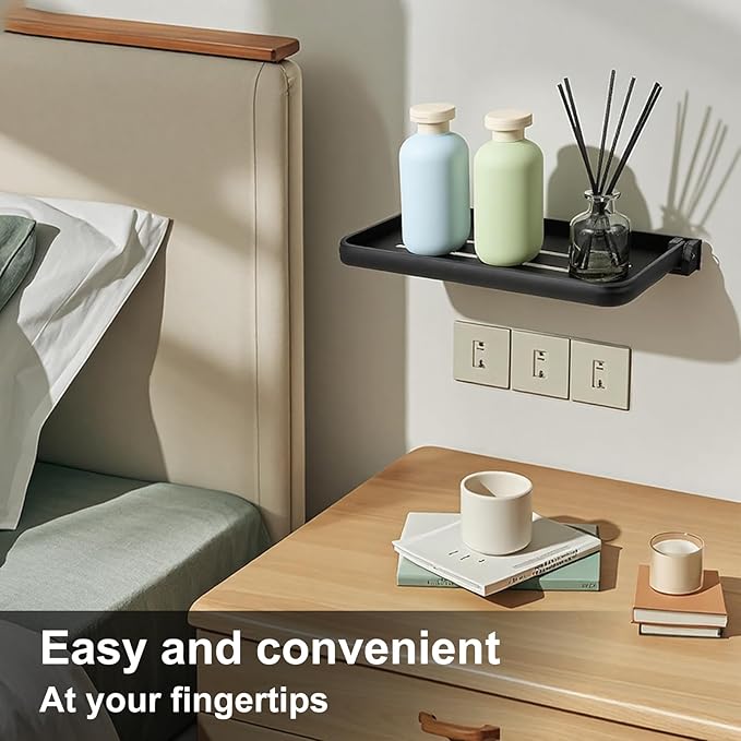 2Pcs Bathroom Shelves No Drill Wall Mounted Foldable Shlf Small Floating Metal Adhesive Shelves for Laundry Toilet Room Shower Wall Organizer (Black)