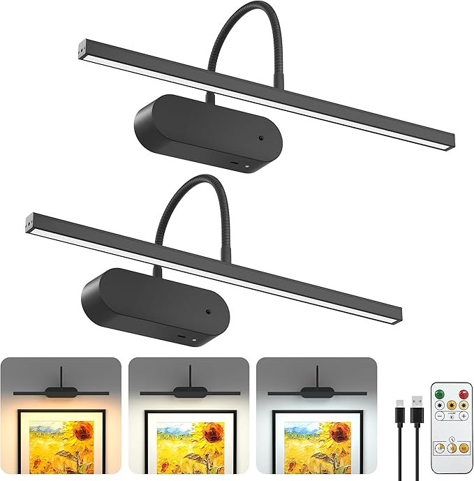 Bridika Picture Light for Wall with Remote, 15.75in Rechargeable Battery Wall Light for Paintings, 3 Colors dimmable Art Light with Timer Black 2 Pack
