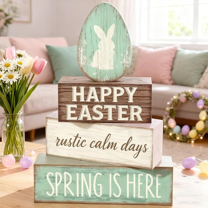 Easter Decorations - Happy Easter Bunny Egg Tiered Tray Decor - Wooden Easter Tabletop Sign - Rustic Farmhouse Spring Home Decor Indoor for Tiered Tray Shelf Mantel Entryway Coffee Table