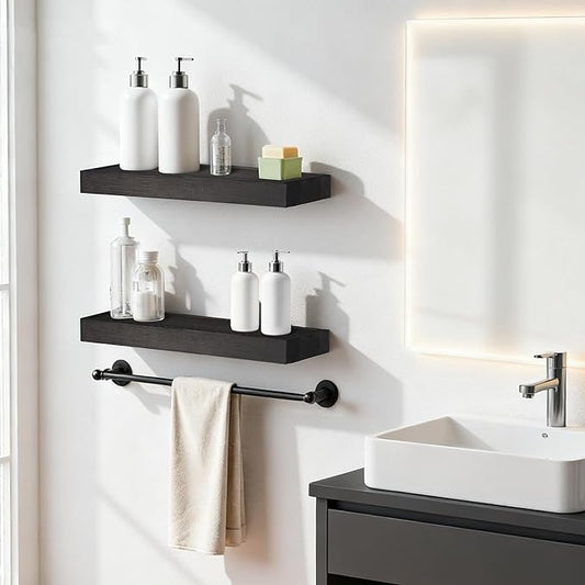 Solid Wood Floating Shelves for Wall 16 inch Bathroom Hanging Wall Shelves Set of 2 for Living Room Bedroom Kitchen Farmhouse 16x6.7 inch - Black