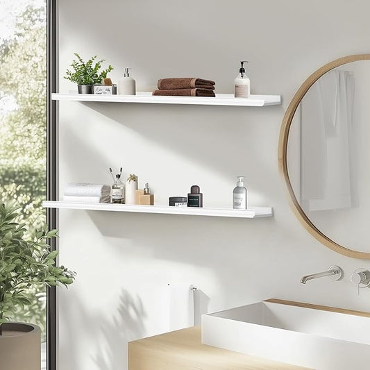 Muzilife 35.4 Inch Large Floating Shelves - Set of 2 Rustic Wood Floating Shelves - Wall Mounted Long Picture Ledge for Bathroom, Bedroom, Living Room, White, U Shape
