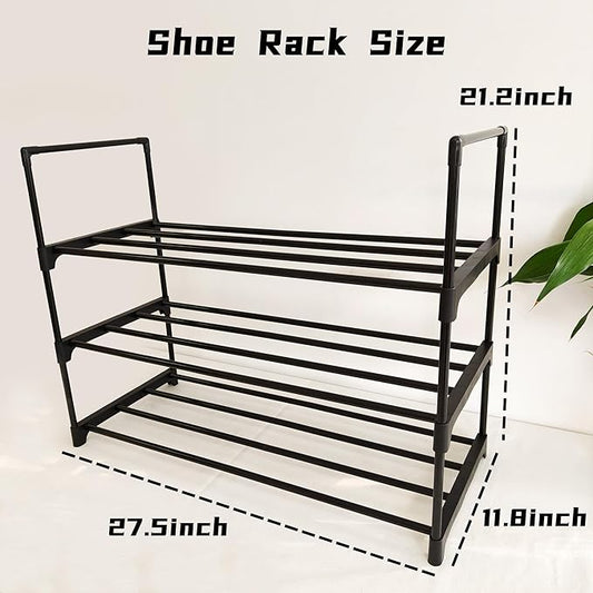 Shoe Rack Organizer, 3-Tier Reversible Metal Space Saving Shoe Storage Shelf - for Entryway, Closet, Front Door, Bedroom, Garage & Corridor-Closet Organizer, Garage Storage Shelves (Black)