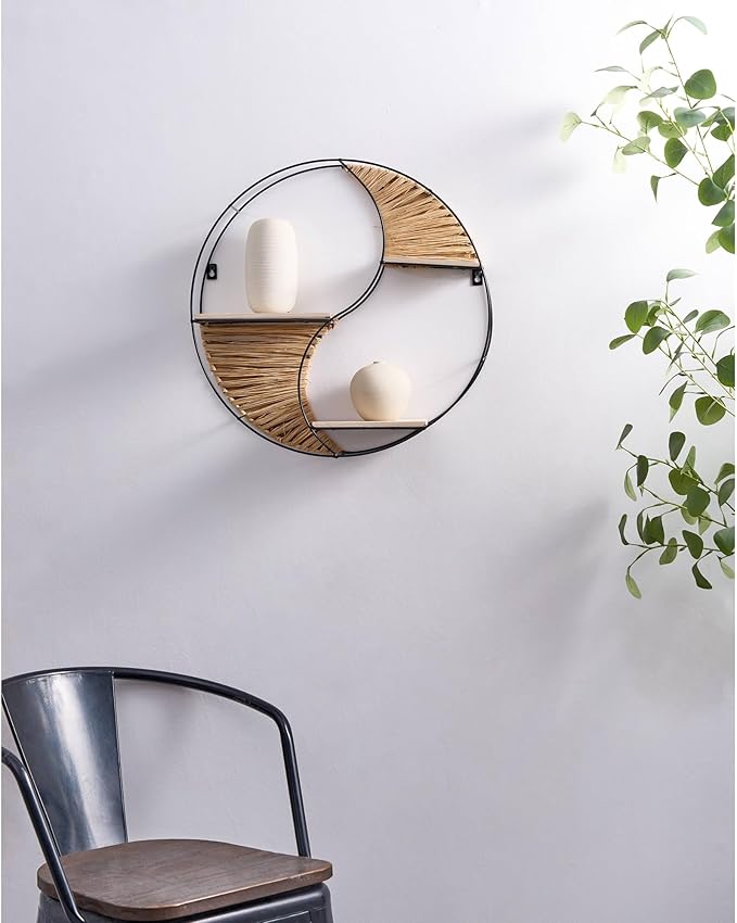 Urban Lifestyle Round Wall Shelf, Yin Yang Floating Shelf with Metal Frame, Boho Woven Wood Wall Decor, Modern Circular Hanging Shelf for Living Room, Bedroom, Entryway