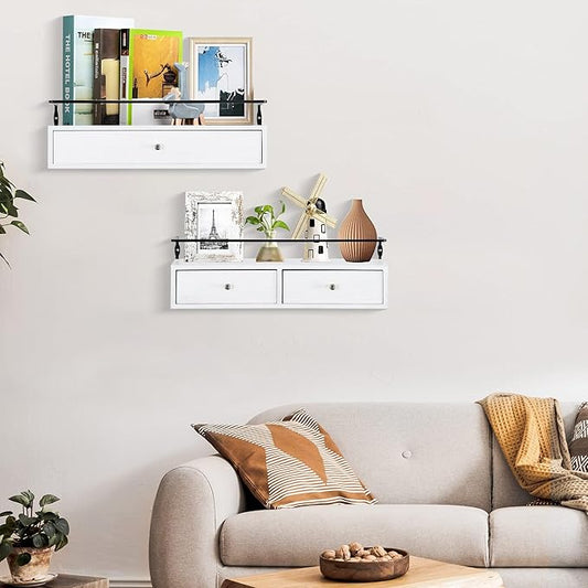 Floating Shelves for Wall Storage - Wall Mounted Bathroom Shelf Set of 2 with Drawers, Rustic Wood Shelves for Bedroom, Living Room, Kitchen, Home Decor, Plants, Books