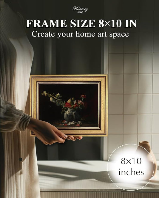 HUARCEY Gold Framed Vintage Wall Art for Living Room, Flowers Painting Prints Shelf Decor for Kitchen, Aesthetic Bedroom Wall Art, Autumn Gifts for Friends or Family - Fading 10L x 8W