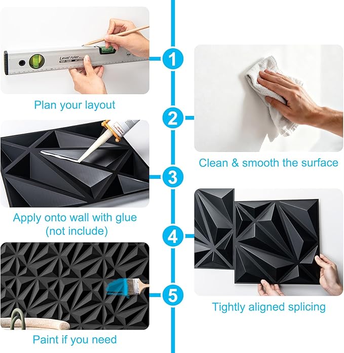 Art3d 33-Pack 3D Wall Panel for Interior Wall Décor, Diamond Textured PVC Accent Wall Paneling for Living Room Bedroom Office TV Wall Background, 11.8"x11.8" Cover 32.Sq.Ft., Black