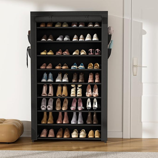 Shoe Rack with Cover Narrow Shoe Organizer with Pockets 10 Tier Tall Shoe Storage Holds 36-41 Pairs Shoes and Boots Shoe Rack for Closet Entryway Garage, Black
