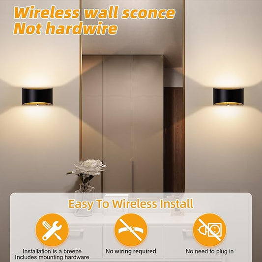 LED Wall Sconce Battery Operated, Modern Aluminum Wall Mount Light Rechargeable, Touch Control Dimmable Wall Lamp Black, Up Down Wall Lights Indoor for Living Room Bedroom Hallway Stair, Warm White