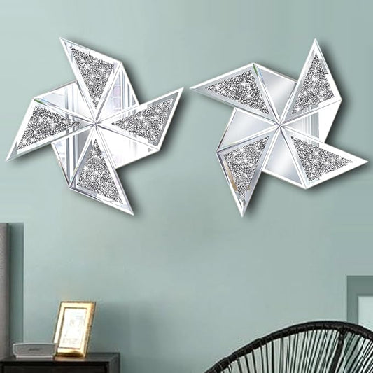 Set of 2 Diamond Decorative Mirrors, Cute Pinwheel Shape Wall Mirror, Crushed Diamond Glass Mirror for Home Décor. (15.6”x15.6”)
