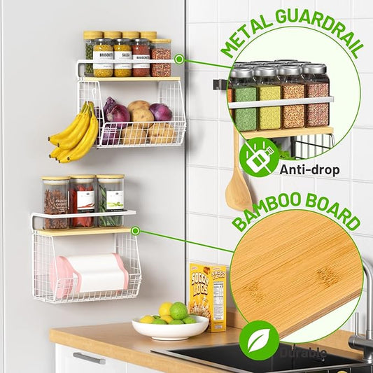 Ofiray-home Magnetic Shelf for Fridge with Wood Lid, Fruit Potato and Onion Storage Bins, Pantry Organizers & Storage, Large Container Magnetic Spice Rack for Refrigerator, Kitchen Counter (White, 1)