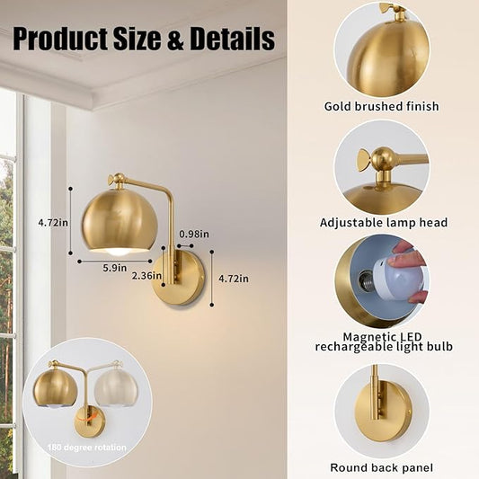 Gold Battery Operated Wall Sconces Set of 2, Rechargeable Cordless Wall Light Fixture with Remote, Dimmable Wireless Battery Powered Wall Decor Lighting Lamp for Bedroom Living Room