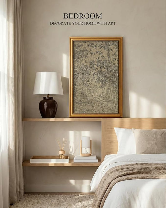 HUARCEY Gold Framed Canvas Wall Art, Antique Sketch Landscape Pictures Vintage Decor, Bedroom Kitchen Shelf Decor, Dark Moody Retro Country Farmhouse Canvas Paintings, 16x24inch